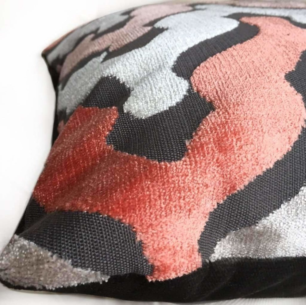 Kittredge Ogee Waves Coral Pink Gray Cream Cut Velvet Pillow Cover - Luxury Decorative Throw Pillow Case for Sofa, Bed, Living Room & Home Decor