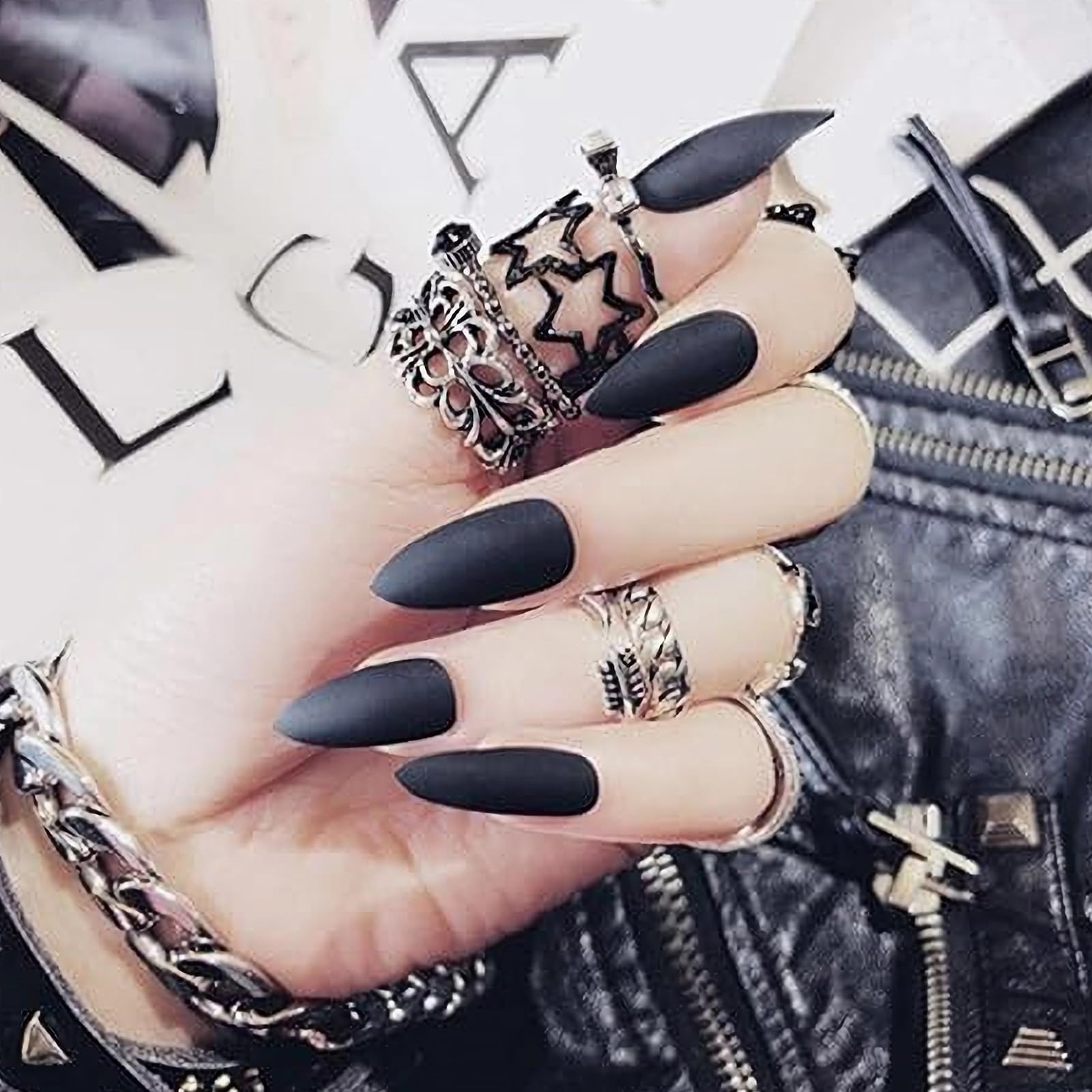 MISUD 24Pcs Matte Black Almond Fake Nails - Sharp Stiletto Press on Nails with Glue, Long False Nail Tips for Women | Perfect for Parties, Halloween, Cosplay & Special Occasions
