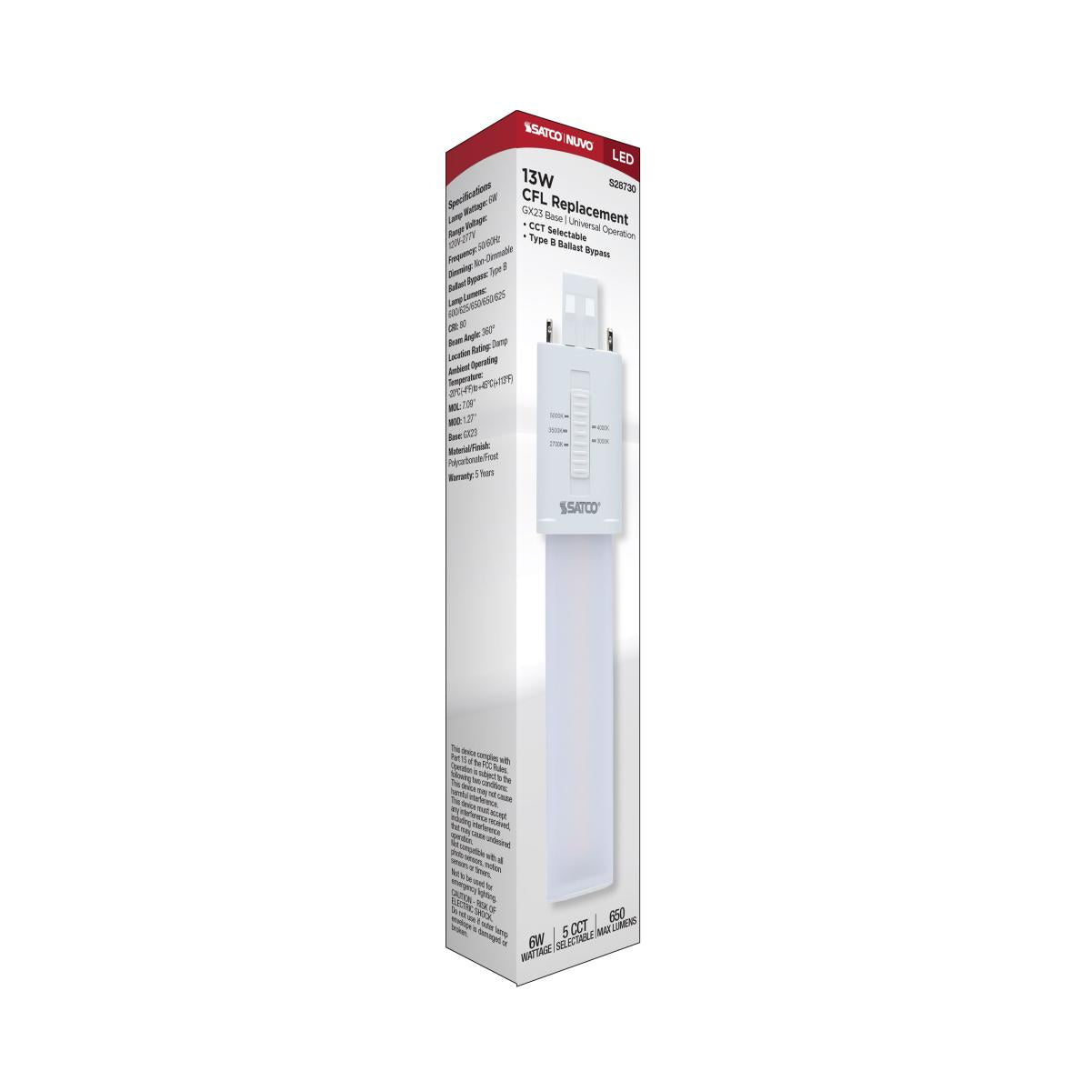 2 Pin PL LED Bulb - 6W, 650 Lumens, Ballast Bypass, 2700K-5000K Color Temperature, GX23 Base - Energy Saving Light for Home, Office & Commercial Spaces