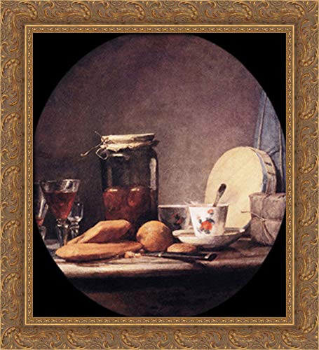 Jean Baptiste Simeon Chardin Still Life With Jar Of Apricots 20x22 Inch Gold Ornate Wood Framed Canvas Art - Perfect for Living Room, Dining Room & Office Wall Decor