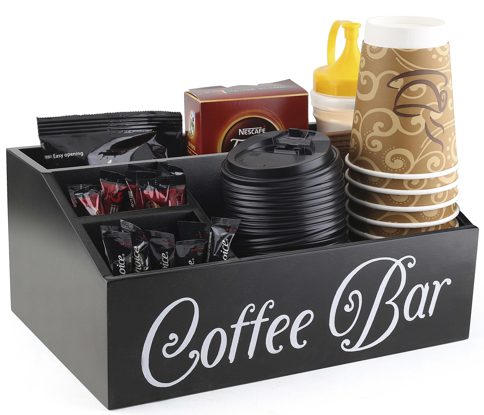 Farmhouse Style Wooden Coffee Station Organizer - Countertop & Desk Coffee Bar Accessories Holder for Cups, Pods & More - Perfect for Kitchen, Office & Home Decor (Black)
