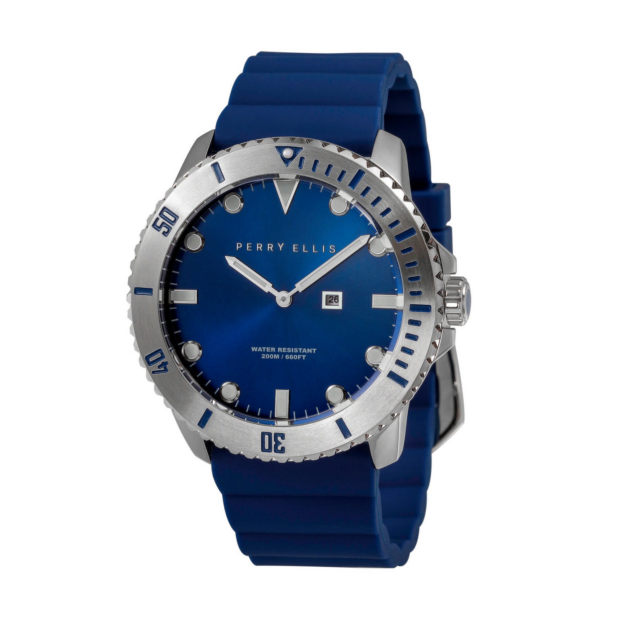 Perry Ellis Men's Deep Diver Quartz Watch with Luminous Hands, Date Display & Silicone Rubber Band - 200M Waterproof Dive Watch for Swimming, Snorkeling & Outdoor Adventures