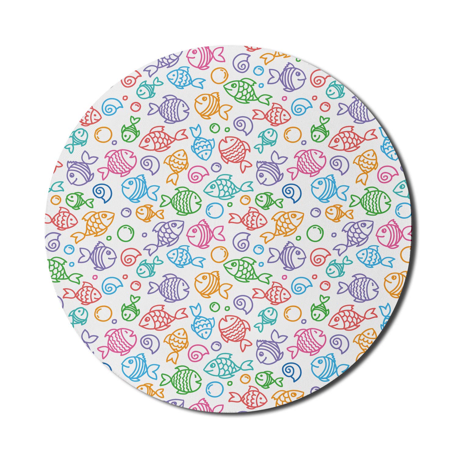 Ambesonne Round Non-Slip Rubber Gaming Mouse Pad - 8 Inch Colorful Underwater Fish Design with Happy Faces & Bubbles - Doodle Style Aquarium Theme Computer Mousepad for Office, Gaming & Home Use