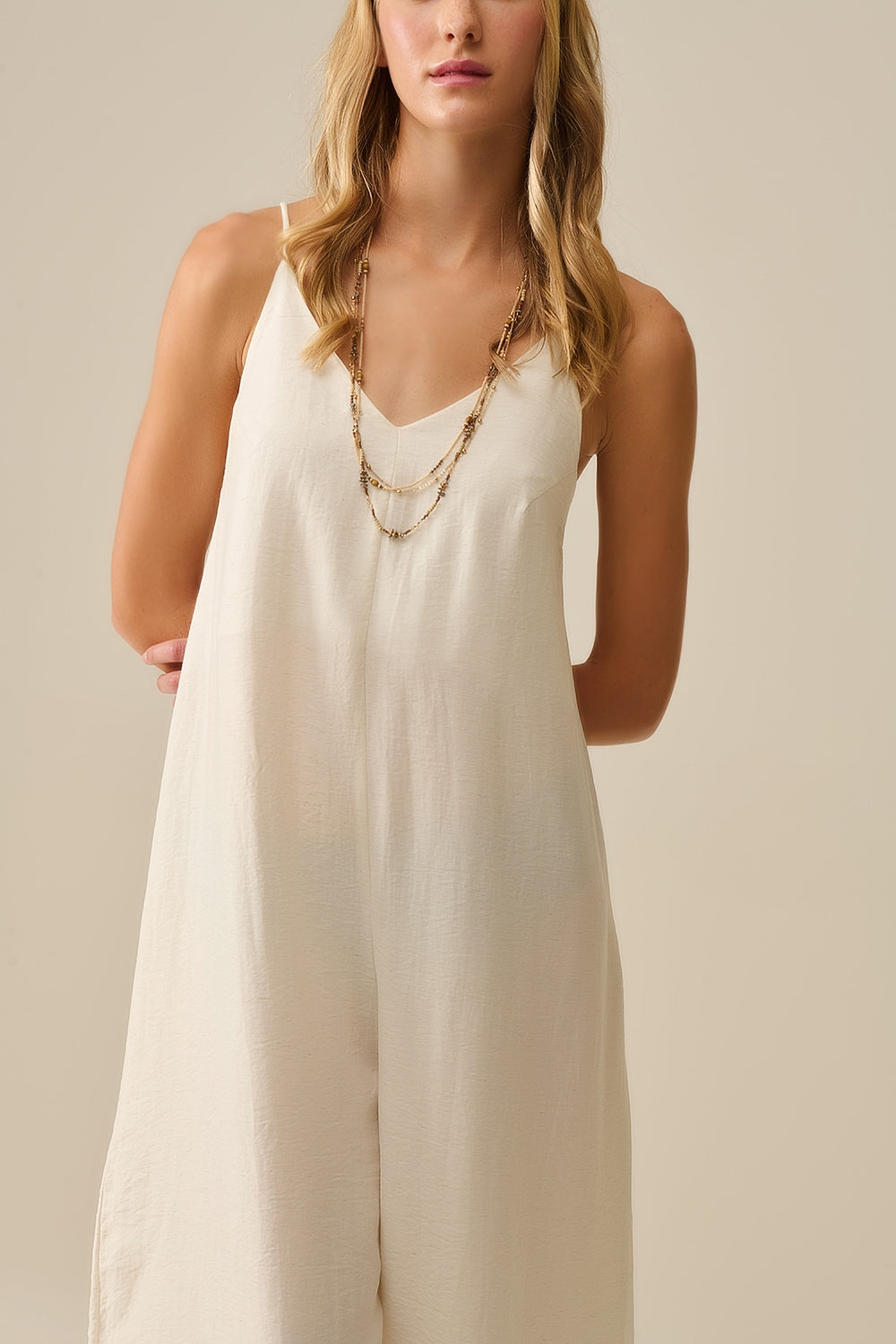 Elegant Cream Textured Long Dress with Beaded Straps - Perfect for Weddings, Parties & Special Occasions