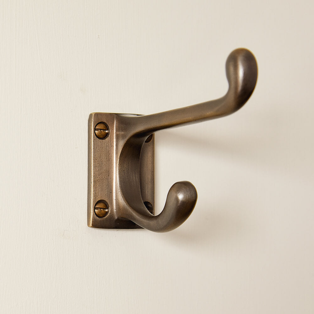Vintage Distressed Antique Brass Double Coat Hook - Rustic Wall Mounted Hooks for Entryway, Bathroom & Bedroom Organization