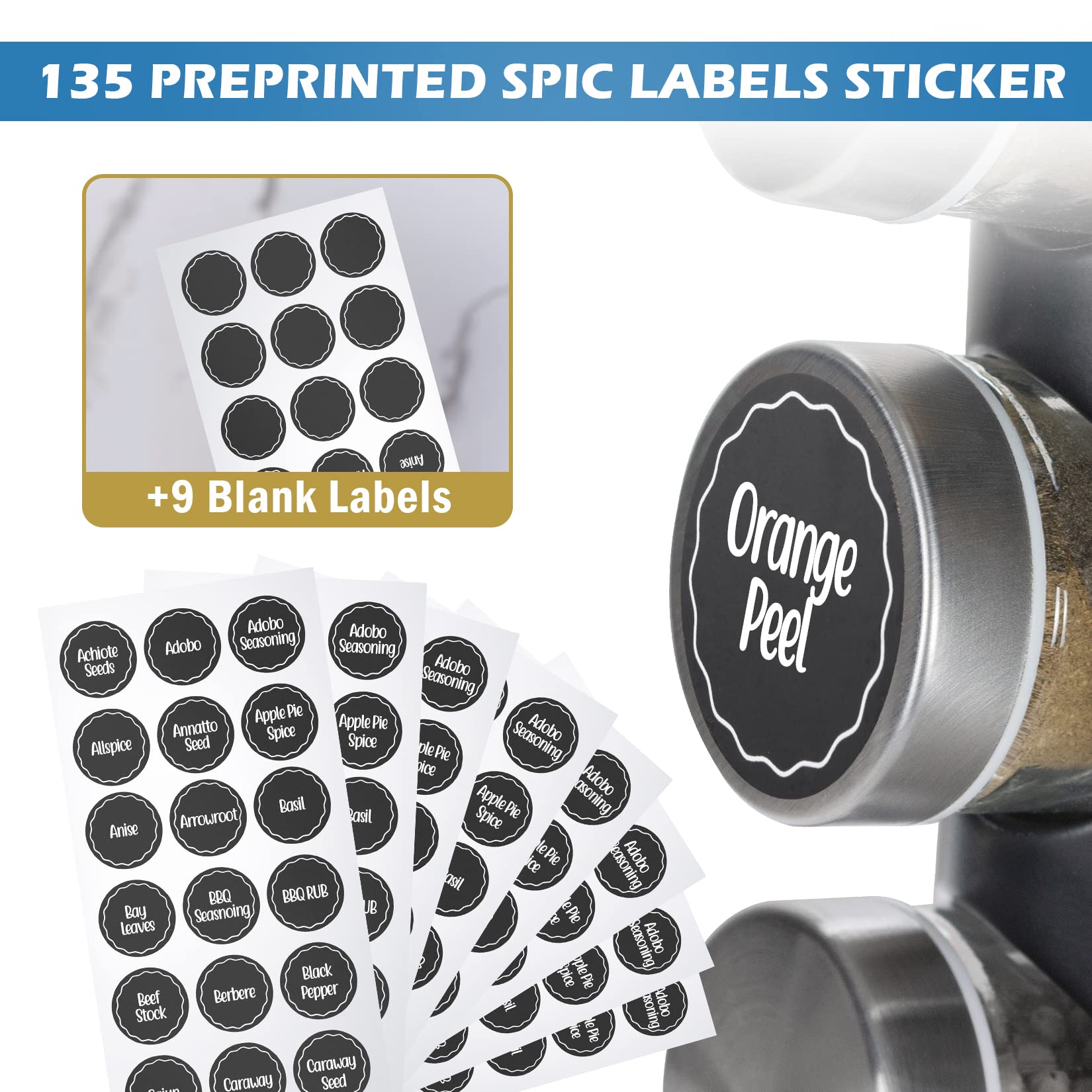 Black Rotating Spice Rack Organizer - 16-Jar Revolving Spice Tower with 135 Labels & Funnel Set - Countertop or Cabinet Storage for Kitchen Seasonings - Perfect for Cooking, Baking & Meal Prep