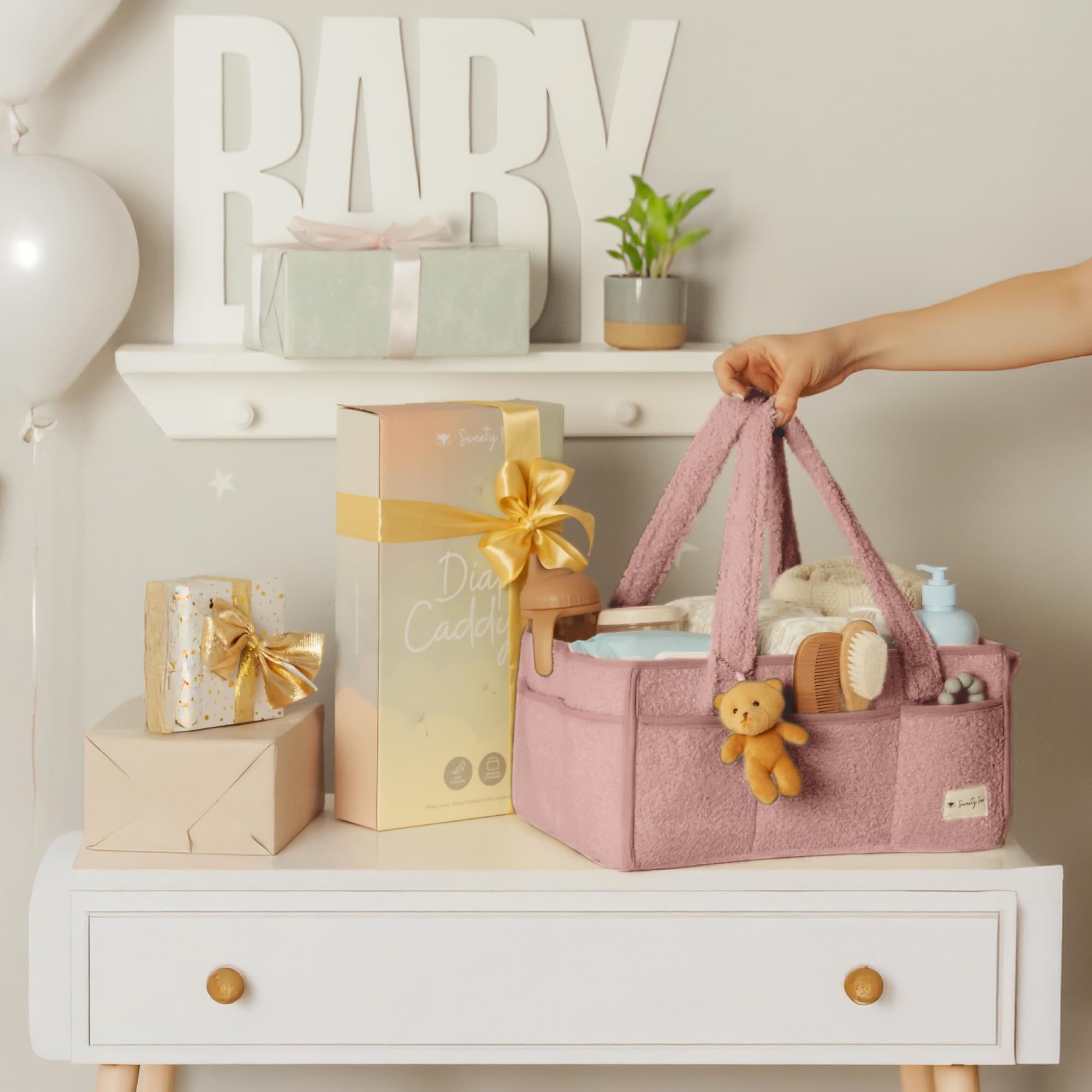 Sweety Fox Baby Diaper Caddy Organizer with Handle - Portable Sherpa Nursery Basket for Baby Essentials - Car Diaper Organizer & Cleaning Caddy - Perfect Baby Shower Gift (Pink) - Ideal for Nursery, Travel & On-the-Go Parents