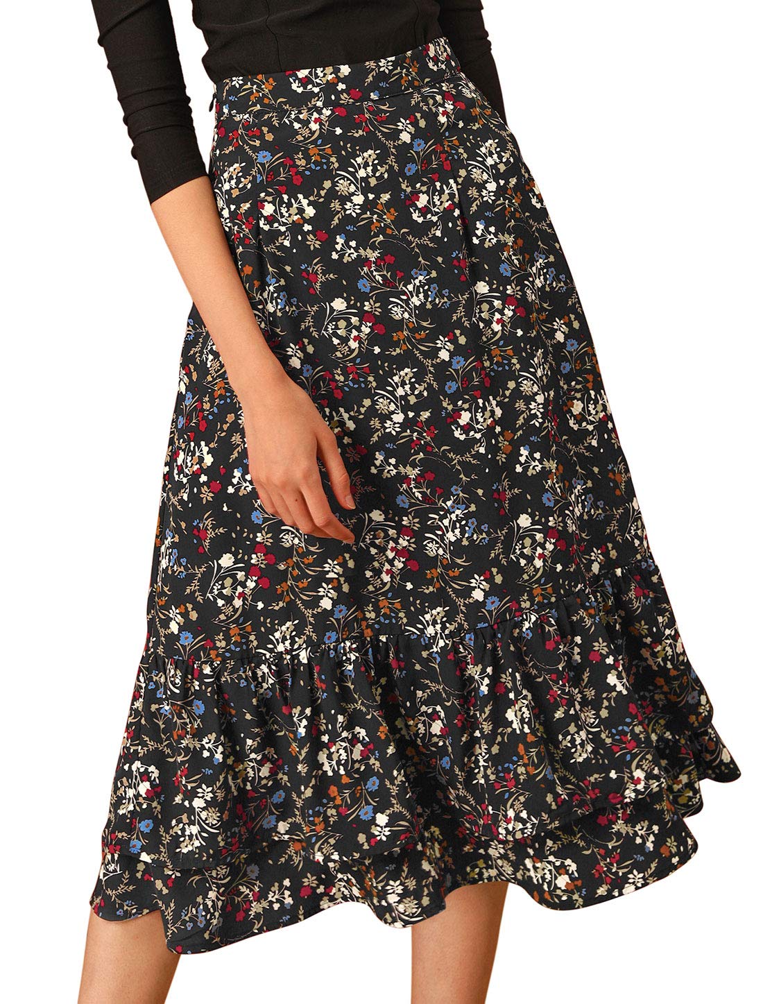 Allegra K Women's Printed Chiffon Midi Skirt - Elastic Waist, Ruffle Tiered Design, Trendy Spring Summer Flowy Skirt for Casual Outings, Beach Vacations & Date Nights