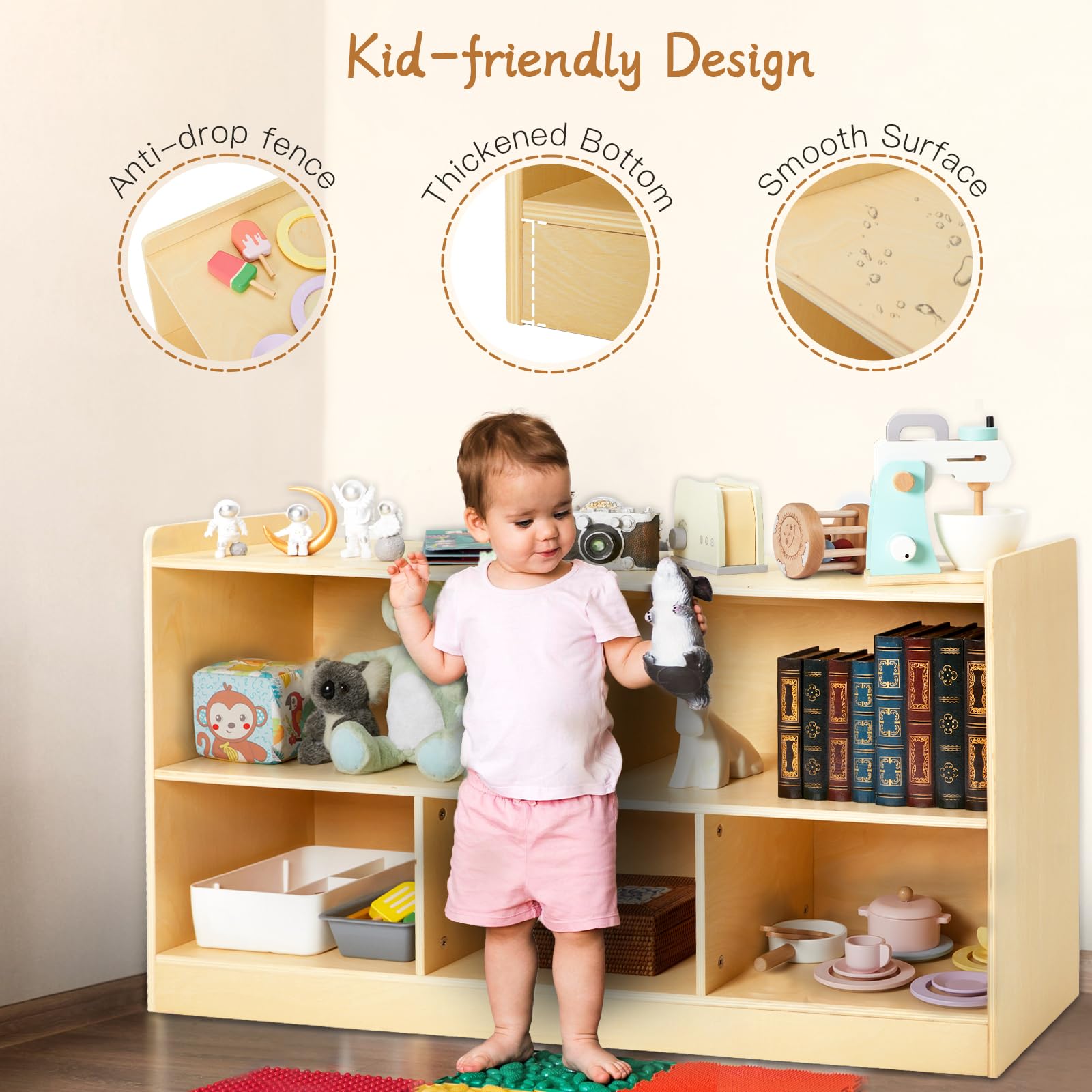 Montessori Wooden Toy Storage Organizer - 2-Shelf Bookcase & 5-Section Cabinet for Kids Books & Toys | Natural Wood Nursery Shelf for Playroom, Kindergarten & Toddler Bedroom Organization
