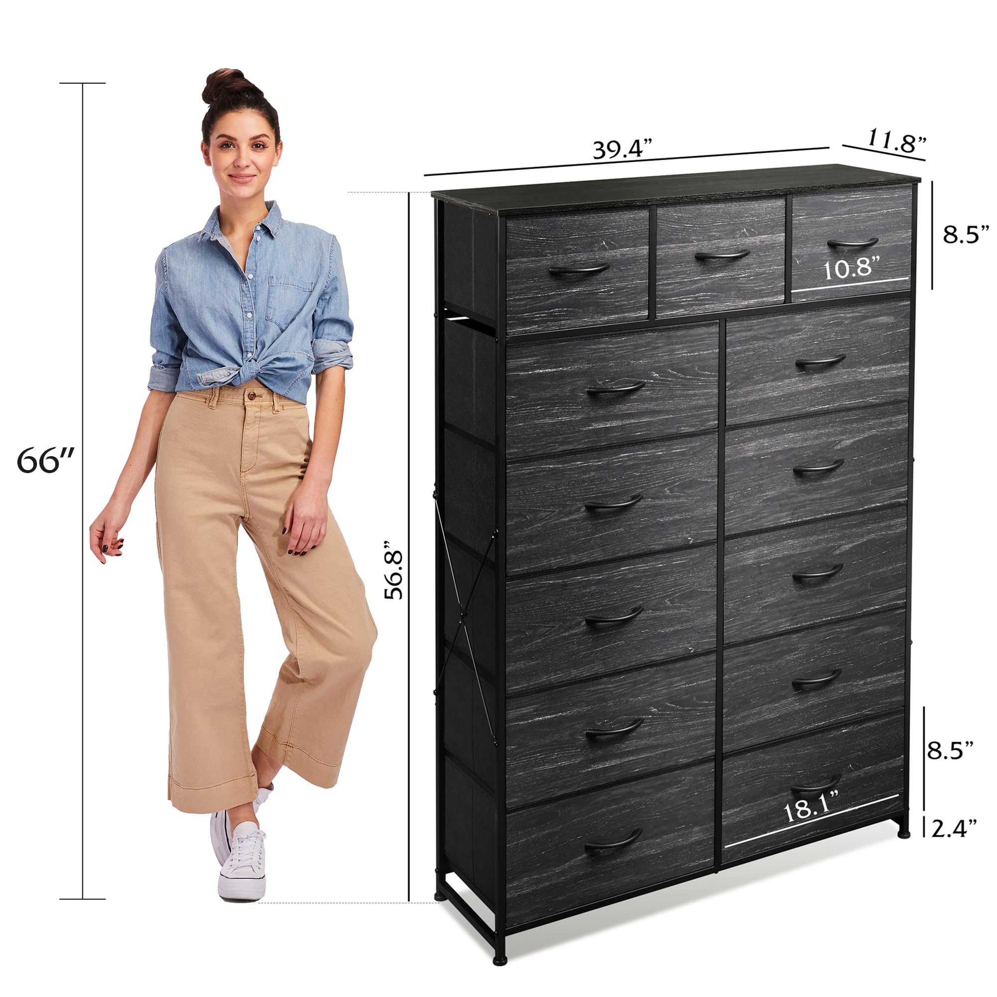 WLIVE 13-Drawer Tall Dresser for Bedroom - Fabric Storage Organizer with Steel Frame & Wood Top - Charcoal Black Wood Grain Print - Perfect for Bedroom, Closet, or Nursery Organization