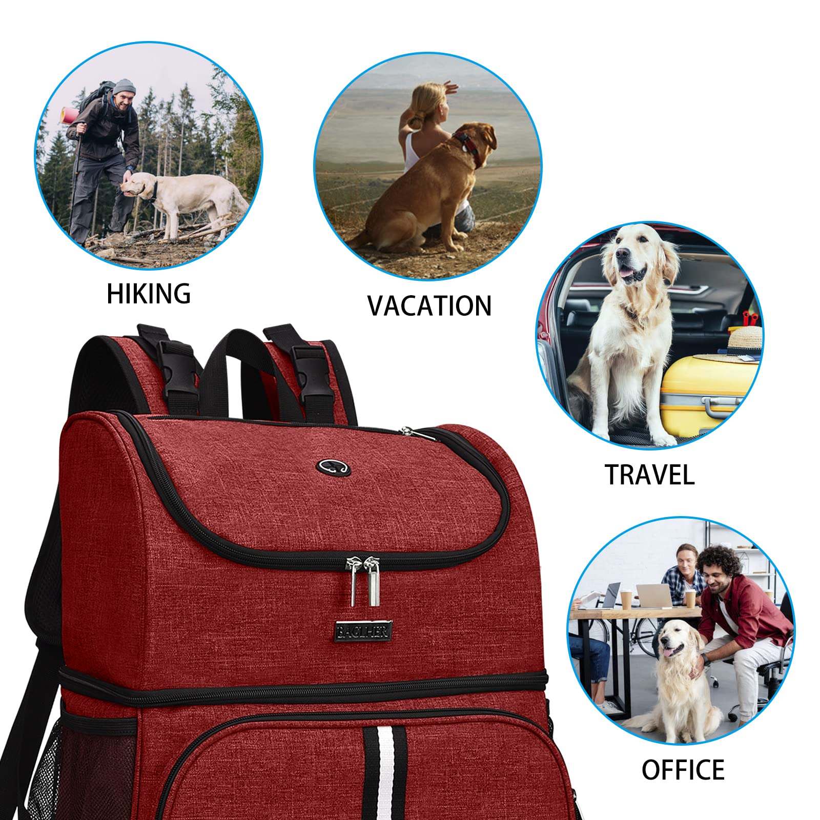 BAGLHER Pet Travel Backpack with Bowls - Double-Layer Pet Supplies for Dogs & Cats - Red