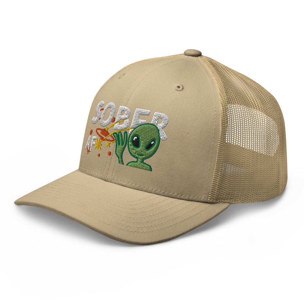 Galactic Sobriety Alien Embroidered Trucker Hat - Cool Novelty Baseball Cap for Men & Women - Perfect for Cosplay, Rave Parties & Streetwear Fashion