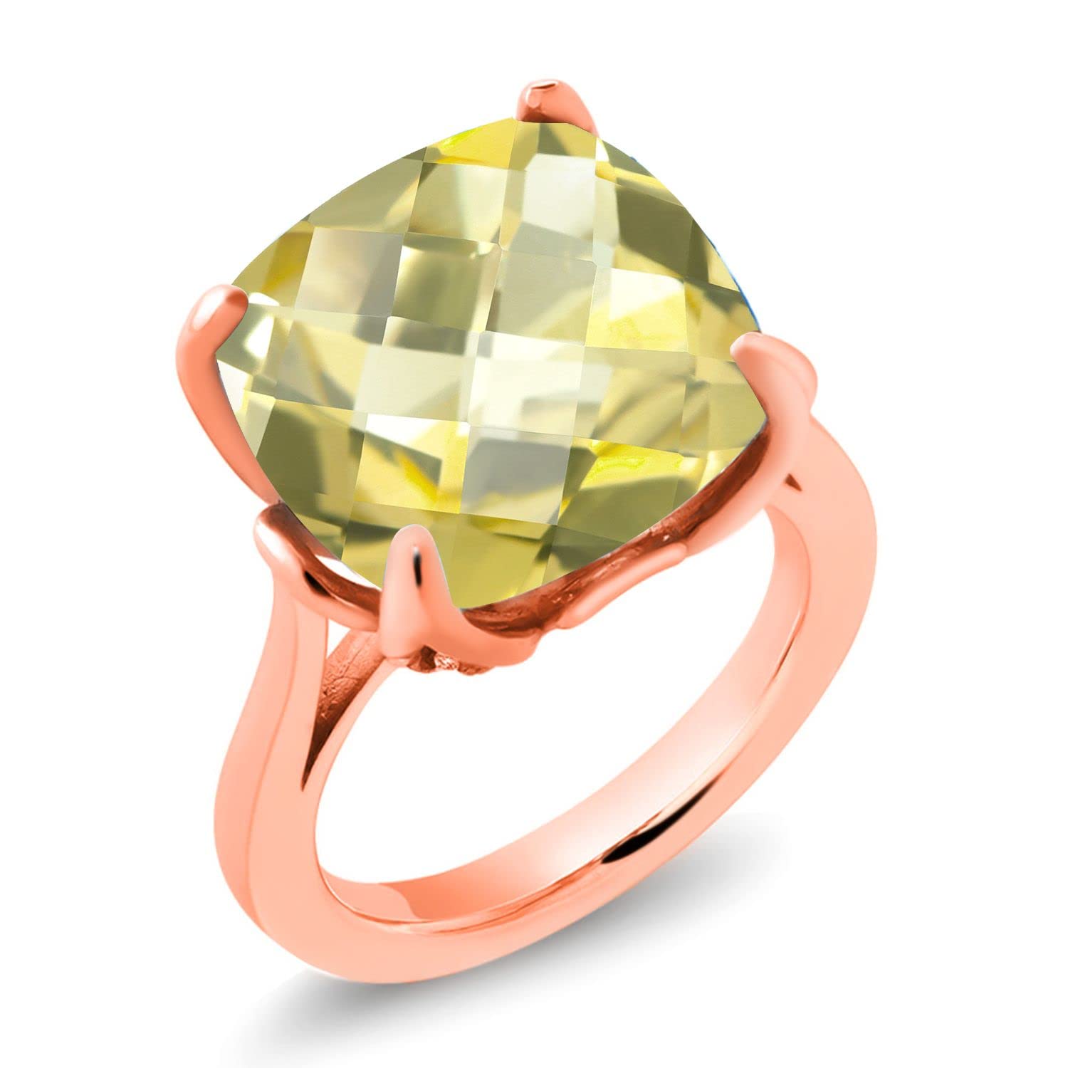 18K Rose Gold Plated Silver Lemon Quartz & White Topaz Engagement Ring for Women - 9.10 Cttw, 14mm Cushion Checkerboard (Sizes 5-9) | Elegant Bridal Jewelry, Wedding Proposal Gift, Anniversary Present