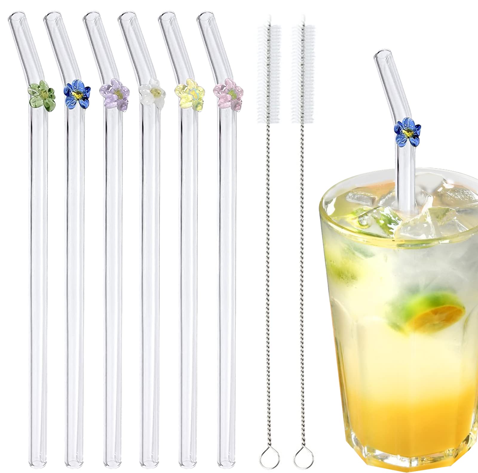 Eco-Friendly Glass Straws with Floral Design - Reusable Clear Drinking Straws for Smoothies, Cocktails, and Iced Coffee - Perfect for Home, Office, and Outdoor Use