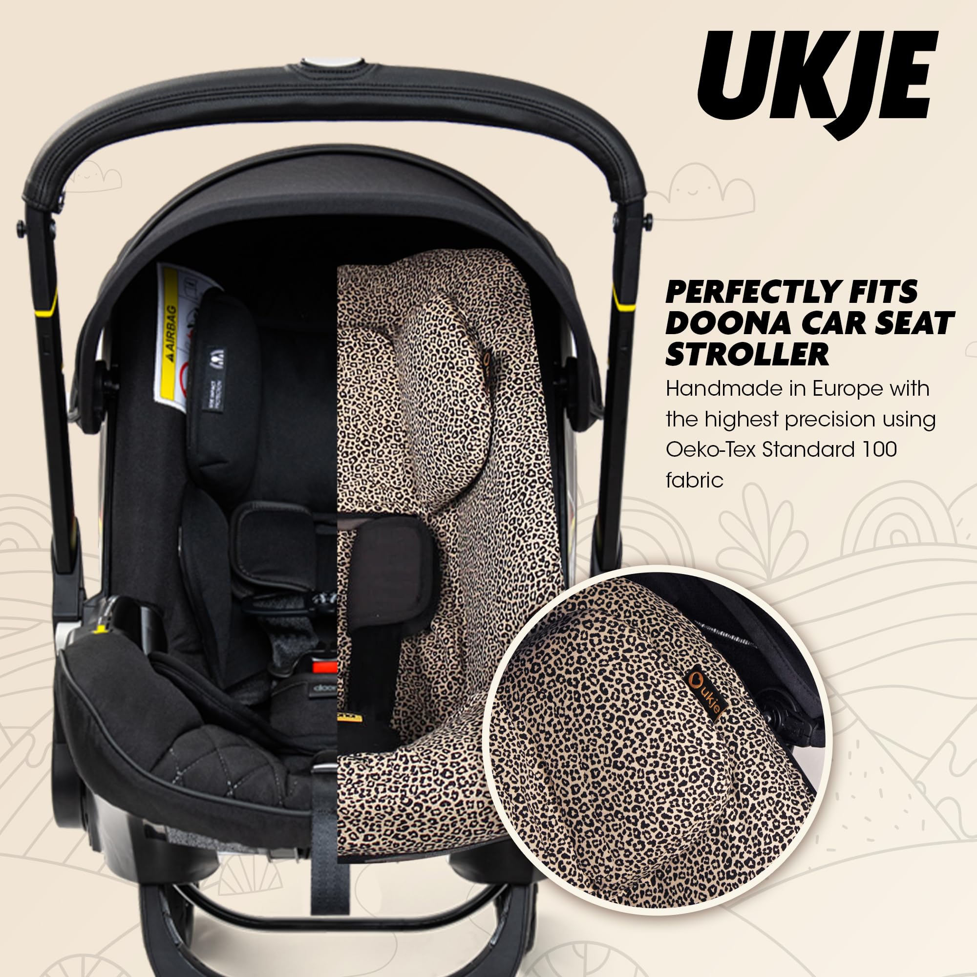 UKJE Premium Cotton Car Seat & Stroller Cover for Doona - Soft Infant Car Seat Liner Protector | Newborn Baby Travel Accessories | Machine Washable & Easy Install | Beige Leopard Print | Perfect for Road Trips & Daily Stroller Use