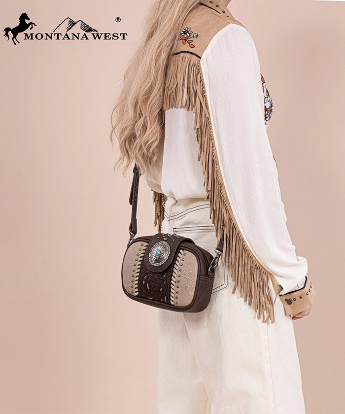 Montana West Genuine Leather Tooled Concho Crossbody Bag for Women - Stylish Western Handbag for Daily Use, Travel & Shopping
