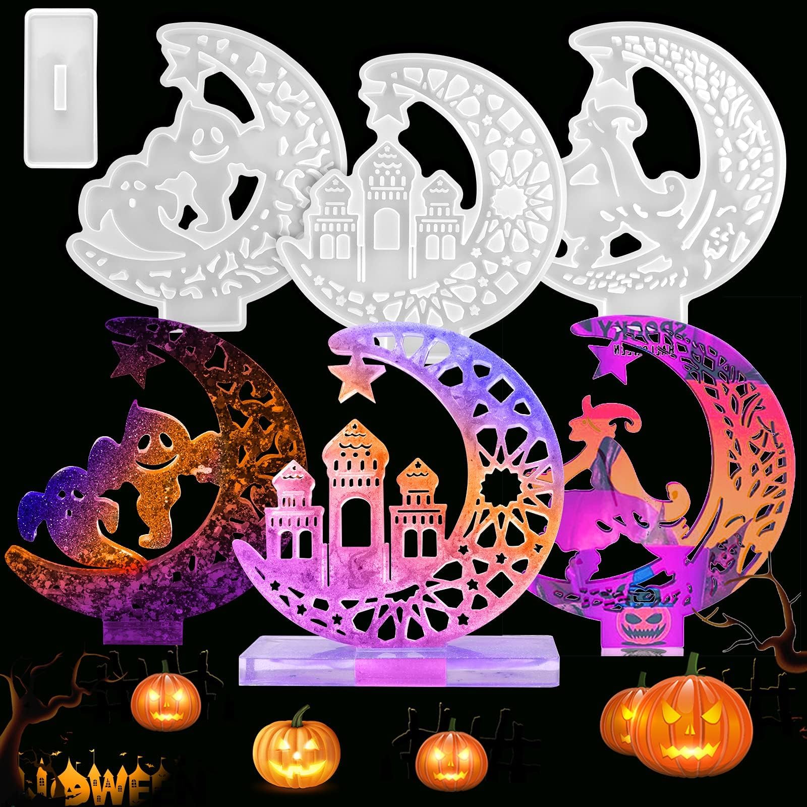 Kalolary 4Pcs Coffin & Crescent Moon Epoxy Resin Molds with Stand - DIY Silicone Craft Kits for Halloween Decor, Home Tabletop Accessories - Perfect for Jewelry Making, Resin Art Projects & Spooky Party Decorations