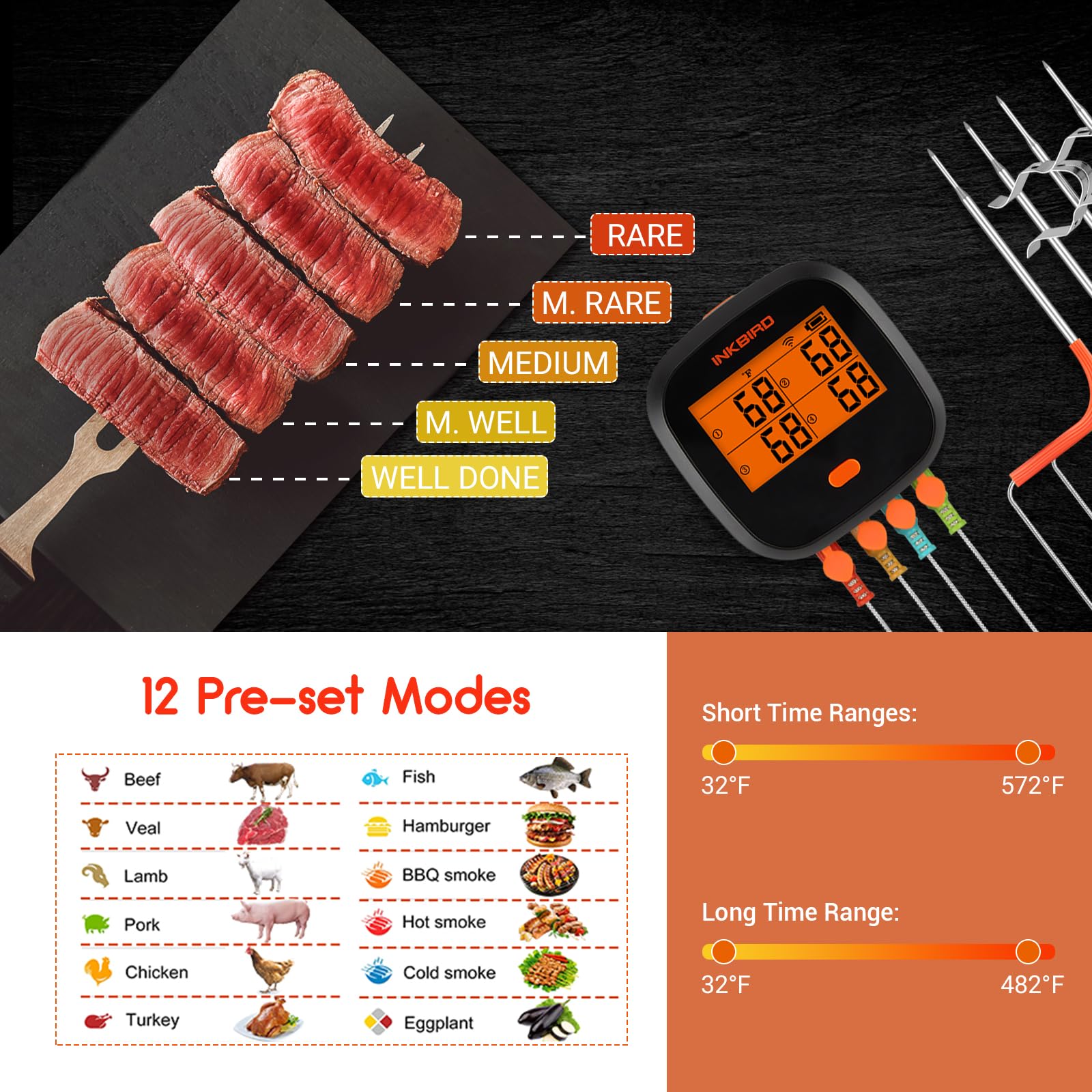 INKBIRD IBBQ-4T WiFi Meat Thermometer with 4 Color Probes - Wireless BBQ Thermometer with App Control, Temperature Graph, Alarm & Timer - Rechargeable for Grilling, Smoking, Roasting & Kitchen Cooking