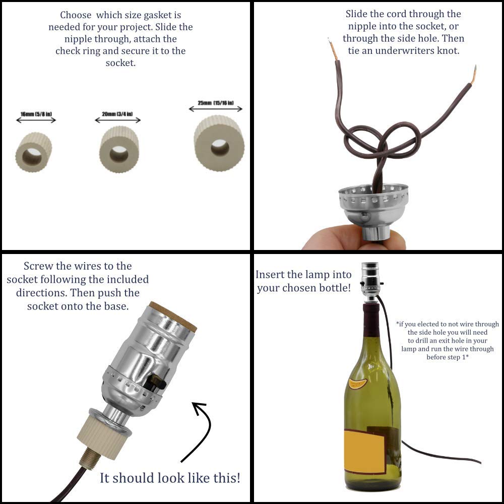 DIY Silver Finish Bottle Lamp Kit - 3 Rubber Adapters for Wine, Liquor & Glass Bottles - Creative Home Decor Lighting for Bars, Restaurants & Bedrooms