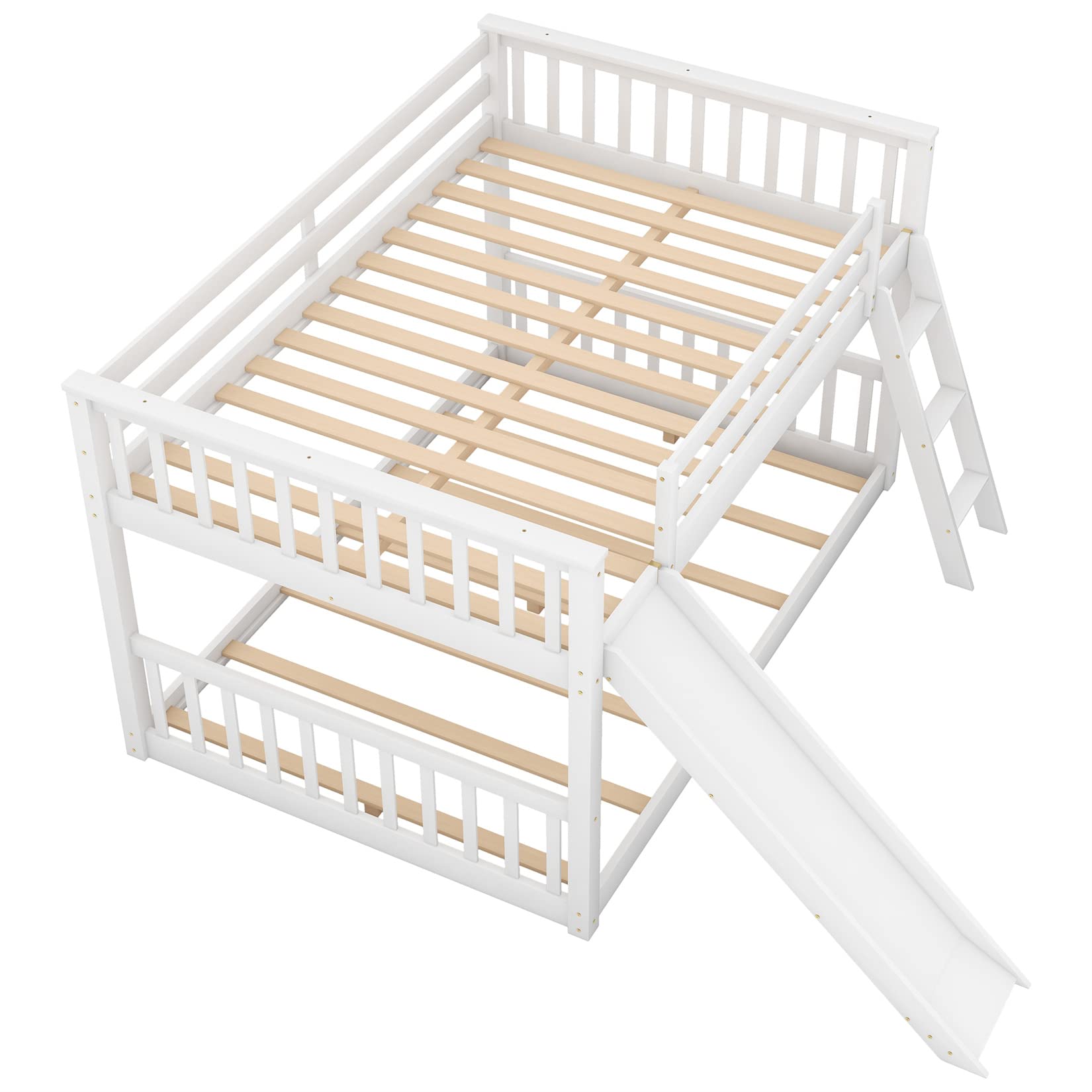 Full Over Full Low Bunk Beds with Slide for Kids - Sturdy Wood Bunk Bed Frame for Boys, Girls & Teens - Perfect for Bedroom, Dorm or Playroom - White