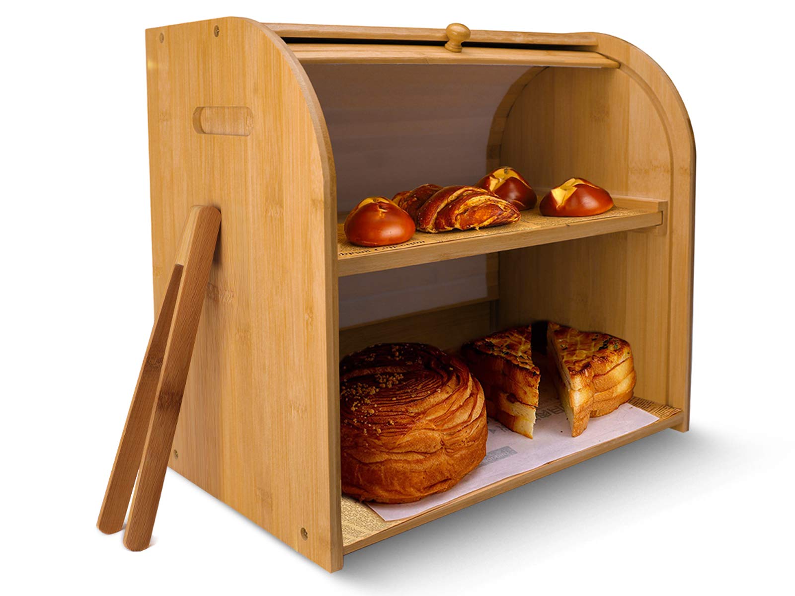 Extra Large 2-Tier Bamboo Bread Storage Box with Roll Top Lid - Kitchen Countertop Organizer for Homemade Bread, Buns & Pastries | Perfect for Bread Lovers, Bakeries & Rustic Kitchen Decor