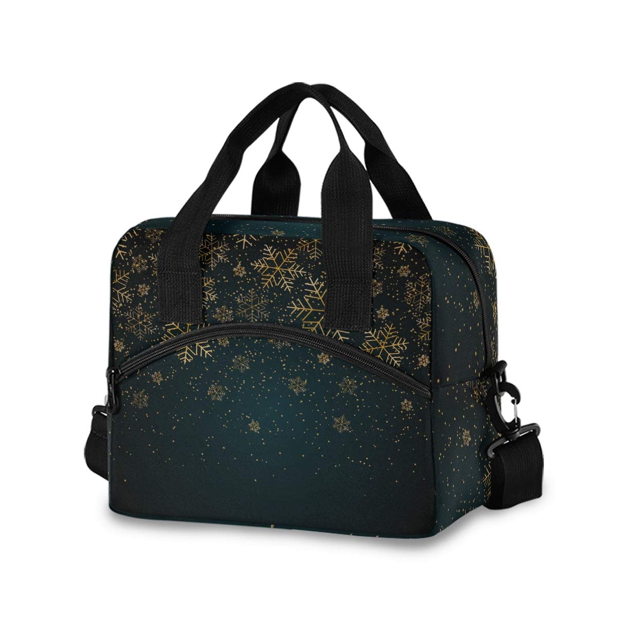 OREZI Insulated Lunch Tote Bag for Men & Women - Leakproof Thermal Lunch Box with Detachable Shoulder Strap for School, Office, Fishing & Picnics - Gold Snowflake Holiday Design