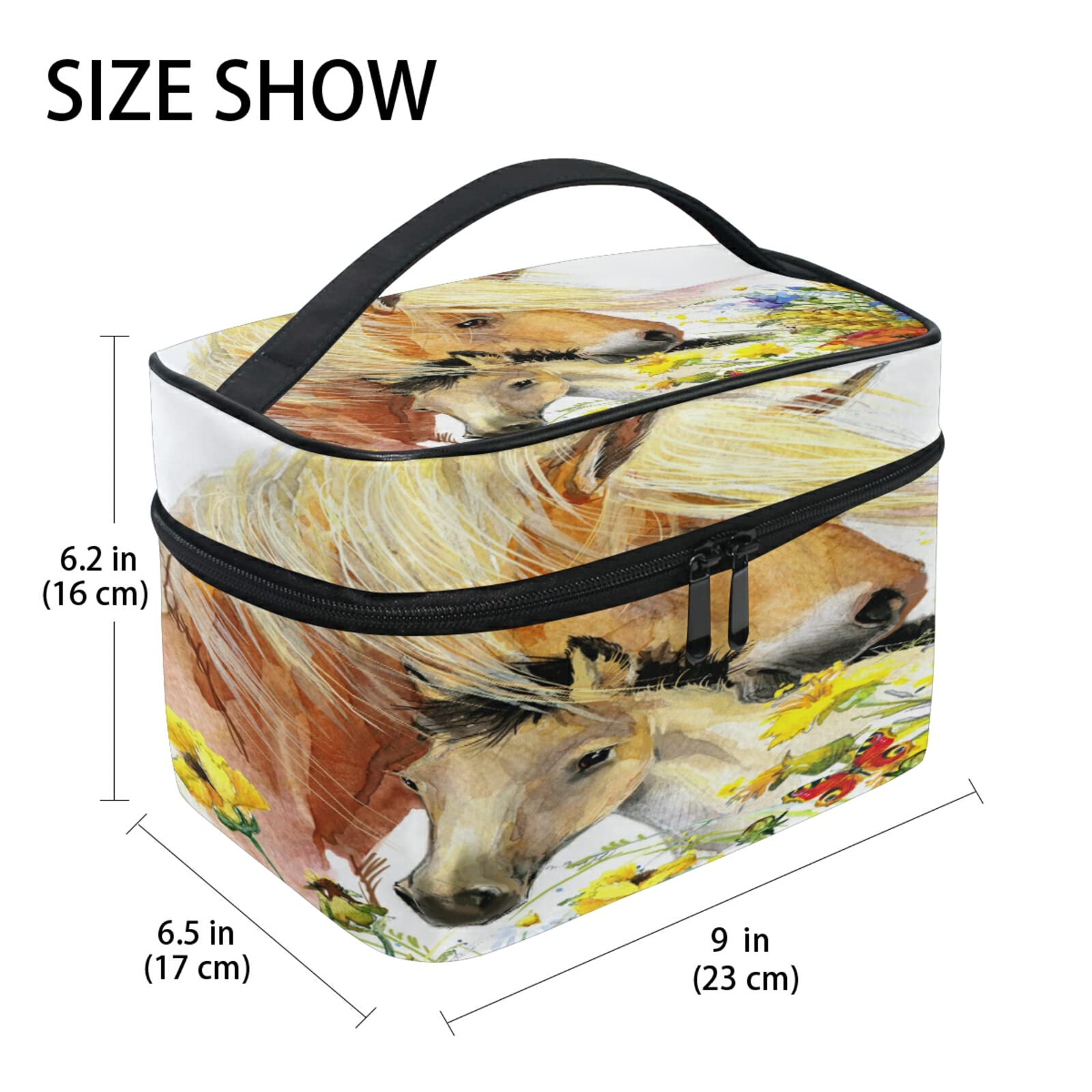 **Floral Horse Print Cosmetic Bag with Handle - Travel Makeup Organizer for Women & Girls - Perfect for Travel, Gym, and Daily Storage**