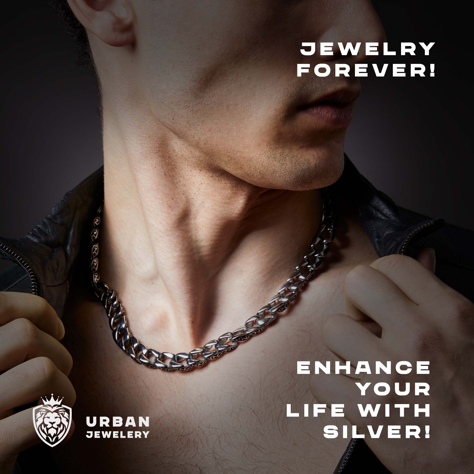 Stainless Steel Men's Link Bracelet & Necklace Set - Silver & Black 9