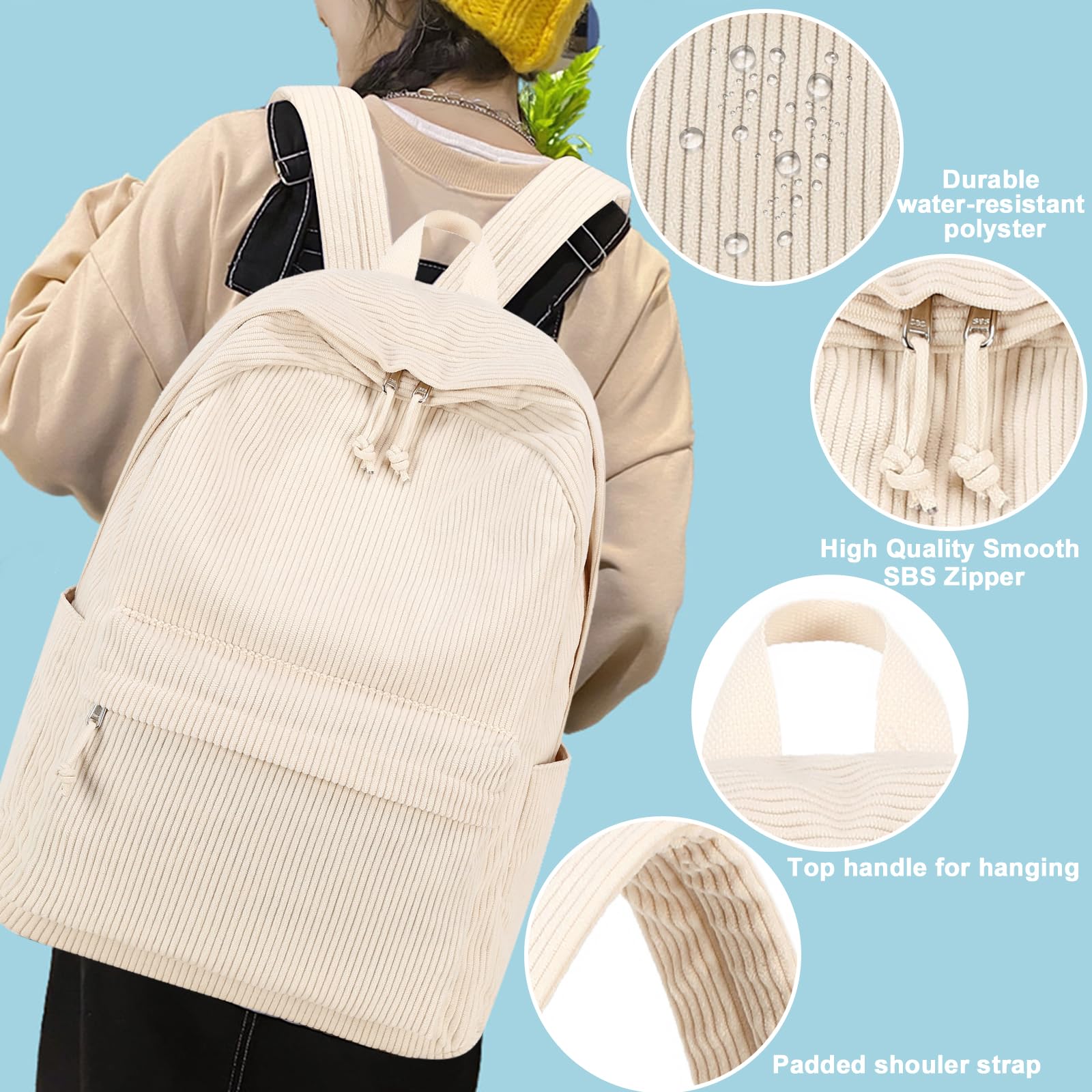 Teen Girls School Backpack - Corduroy Laptop Bag for High School & Travel (Beige) | Stylish & Durable Daypack