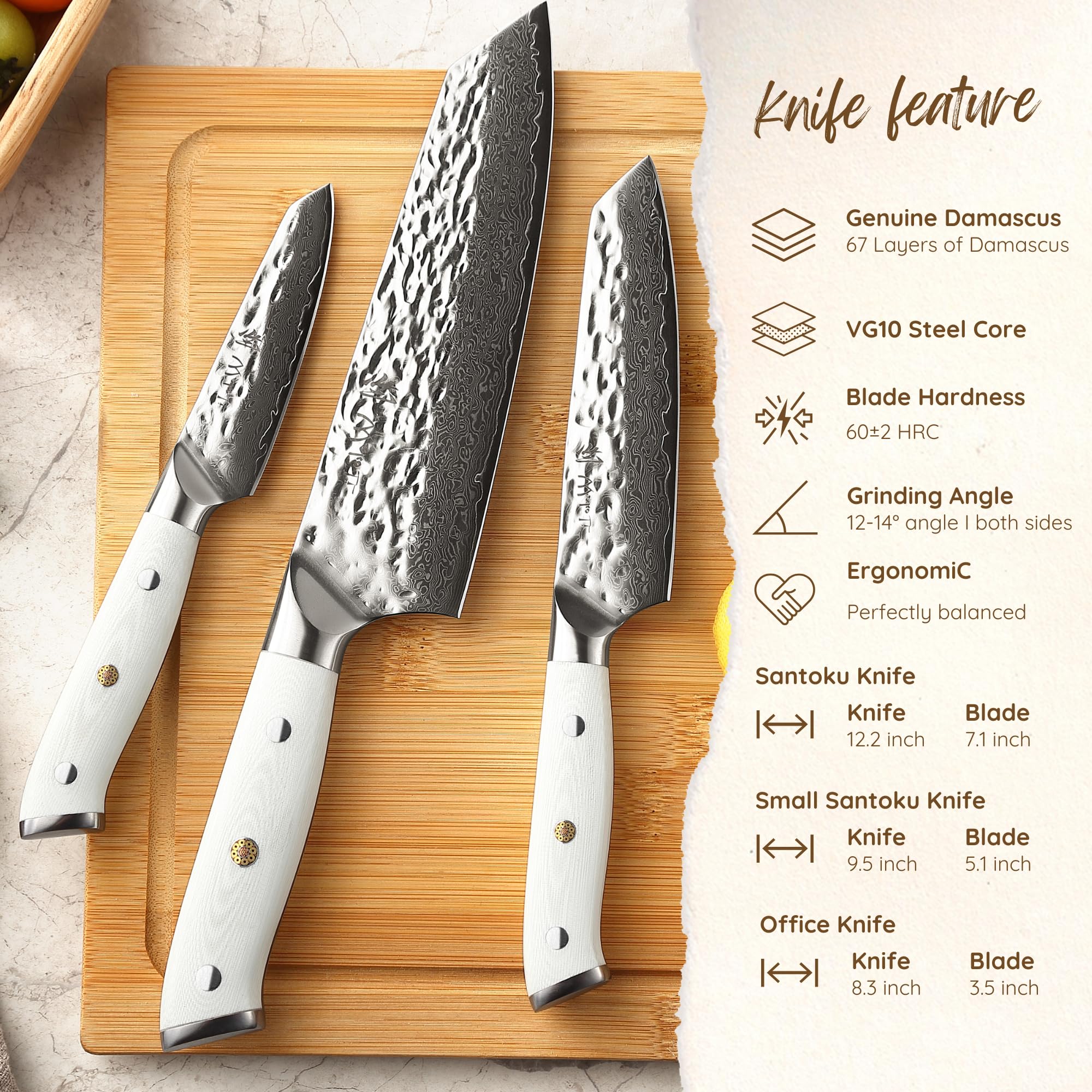 Wakoli 3-Piece Damascus Steel Chef Knife Set - 67-Layer VG10 Core Professional Kitchen Knives with Ergonomic G10 Handles, Gift Box Included (Pearl Blanche) - Perfect for Home Chefs, Cooking Enthusiasts & Gourmet Food Preparation