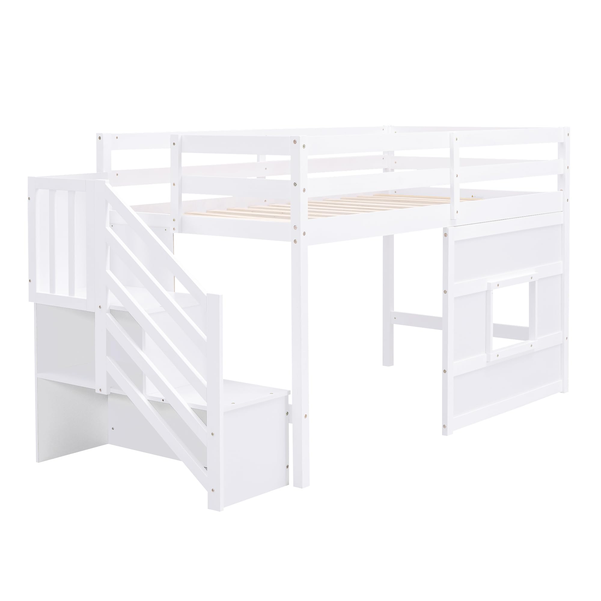 Bellemave Twin Size Low Loft Bed for Kids with Storage Staircase & Window - Sturdy Wooden Bed Frame for Teens, Boys & Girls - Space-Saving Kids Room Furniture for Small Bedrooms, Dorms & Playrooms (White)