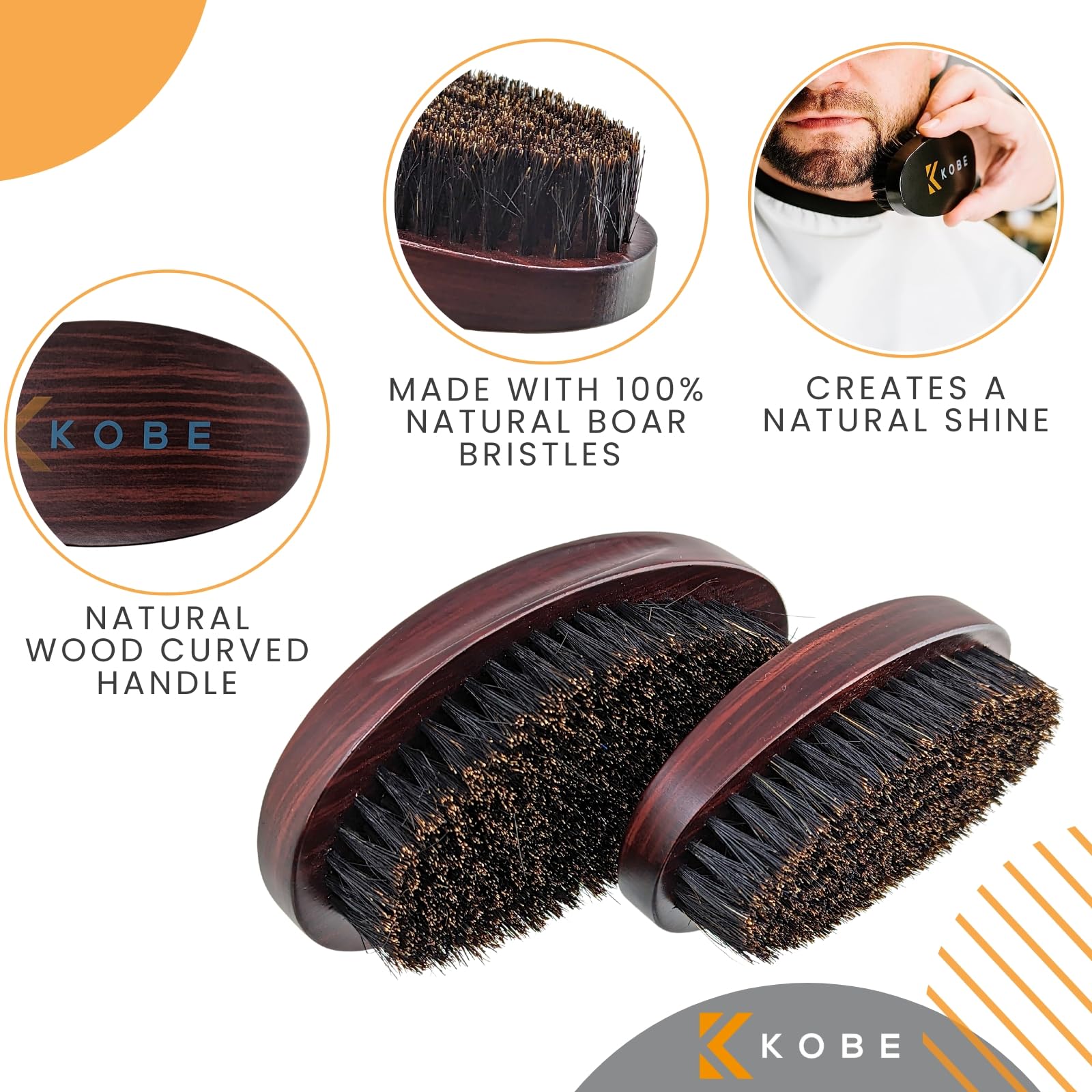 Kobe Professional Military Hair & Beard Brush Grooming Kit for Men - 2-Piece Wooden Boar Bristle Set - 100% Natural Bristles for Healthy Hair & Beard Care - Perfect for Daily Grooming, Travel & Military Use