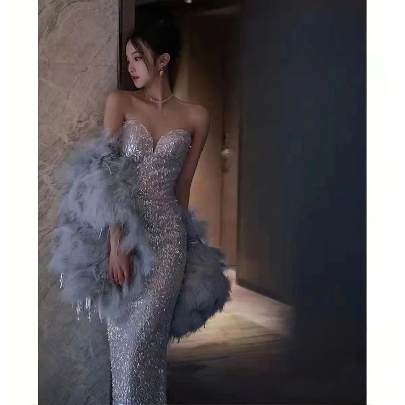 Elegant Gray Mermaid Evening Dress with Sequins - Long Prom Gown for Women Size 50 | Perfect for Formal Events, Homecoming, Pageants & Special Occasions
