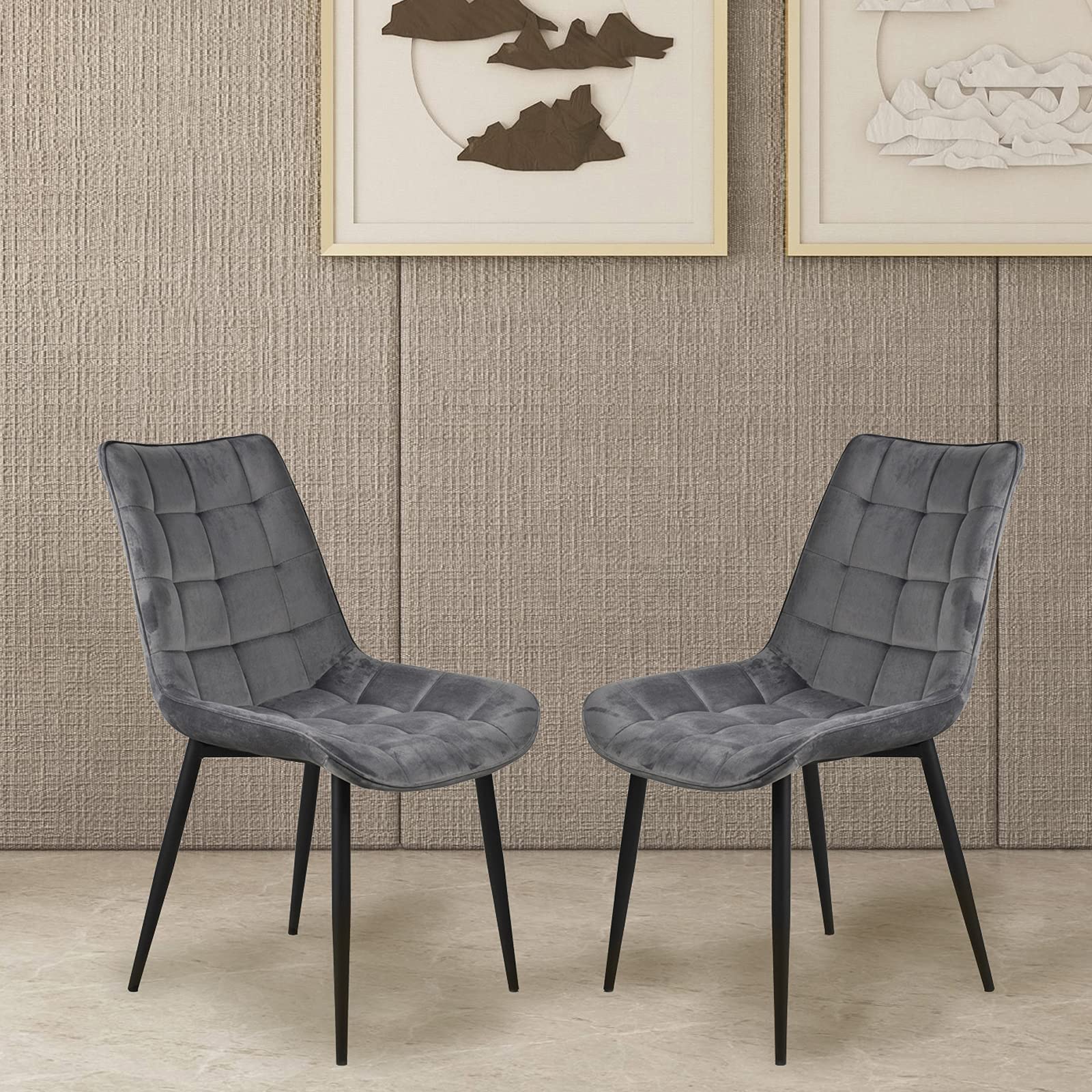 Sunflower Velvet Kitchen Dining Side Chairs - Set of 2 Grey Upholstered Modern Chairs with Metal Legs, 24