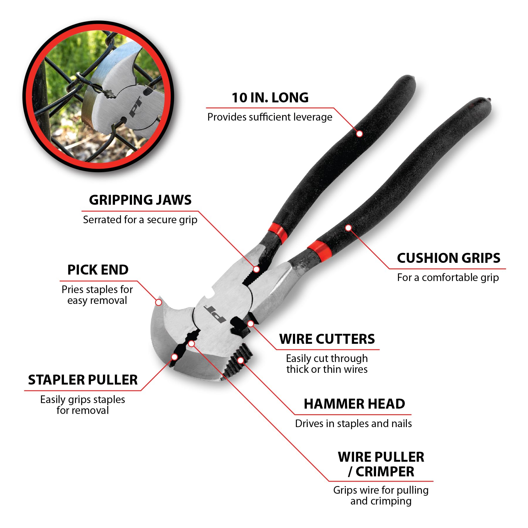 Performance Tool W1500 Heavy Duty Fence Repair Pliers - Professional Grade Wire Fencing Tool for Livestock, Farm & Ranch Maintenance (Ideal for Fixing Broken Wires, Tightening Fences & DIY Farm Repairs)