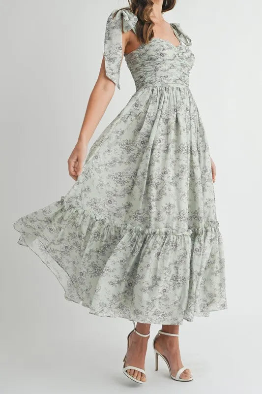Floral Print Ruched Midi Summer Dress with Shoulder Tie - Women's Elegant Party & Beach Vacation Outfit