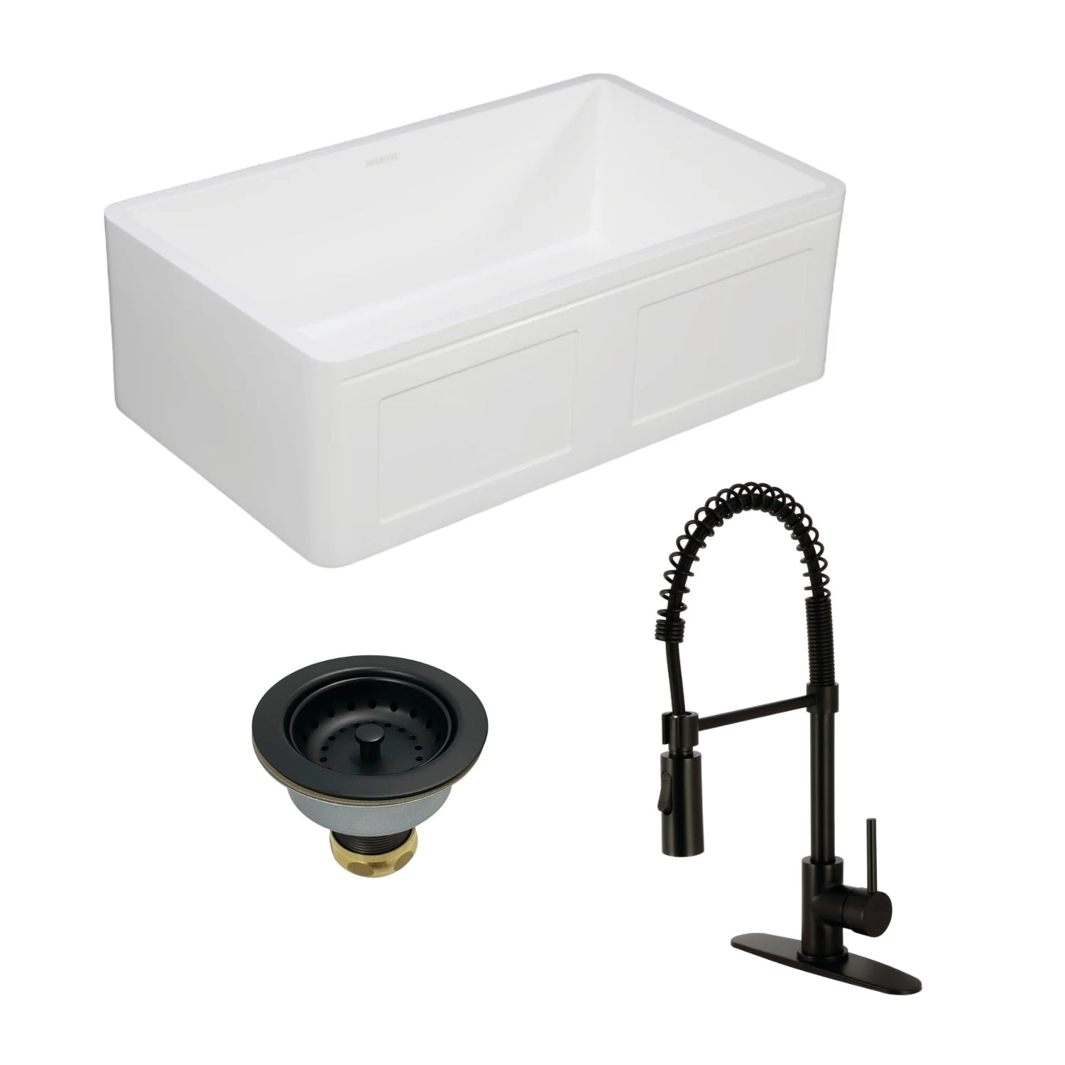 Arcticstone 33 Inch White Farmhouse Kitchen Sink with Single Bowl, Deck Mount Matte Black Faucet & Basket Strainer - Perfect for Rustic & Modern Kitchen Designs