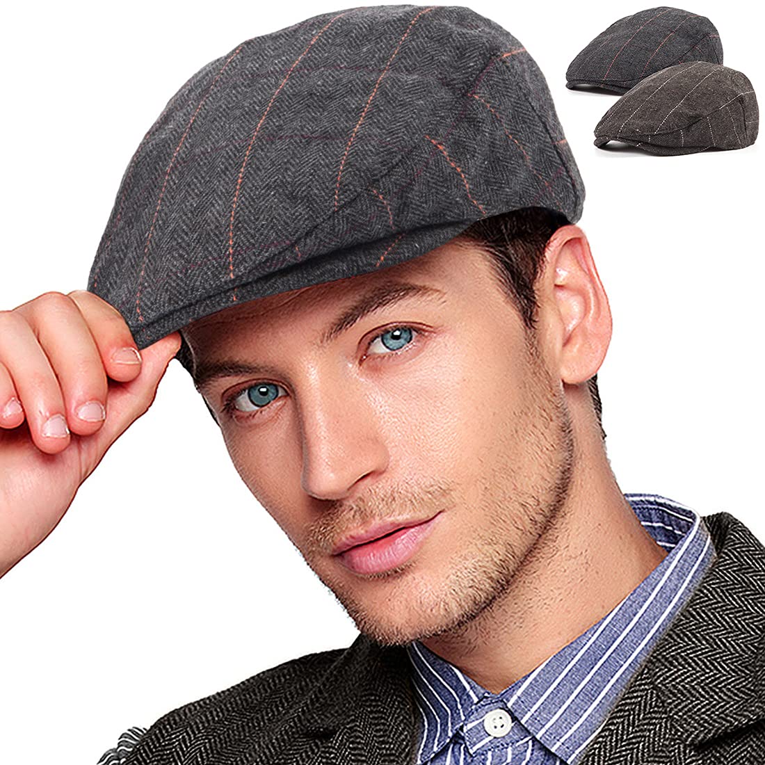 2 Pack Adjustable Newsboy Hats for Men - Wool Blend Tweed Flat Cap | Vintage Irish Cabbie Style | Perfect for Casual Wear, Outdoor Activities & Costume Parties