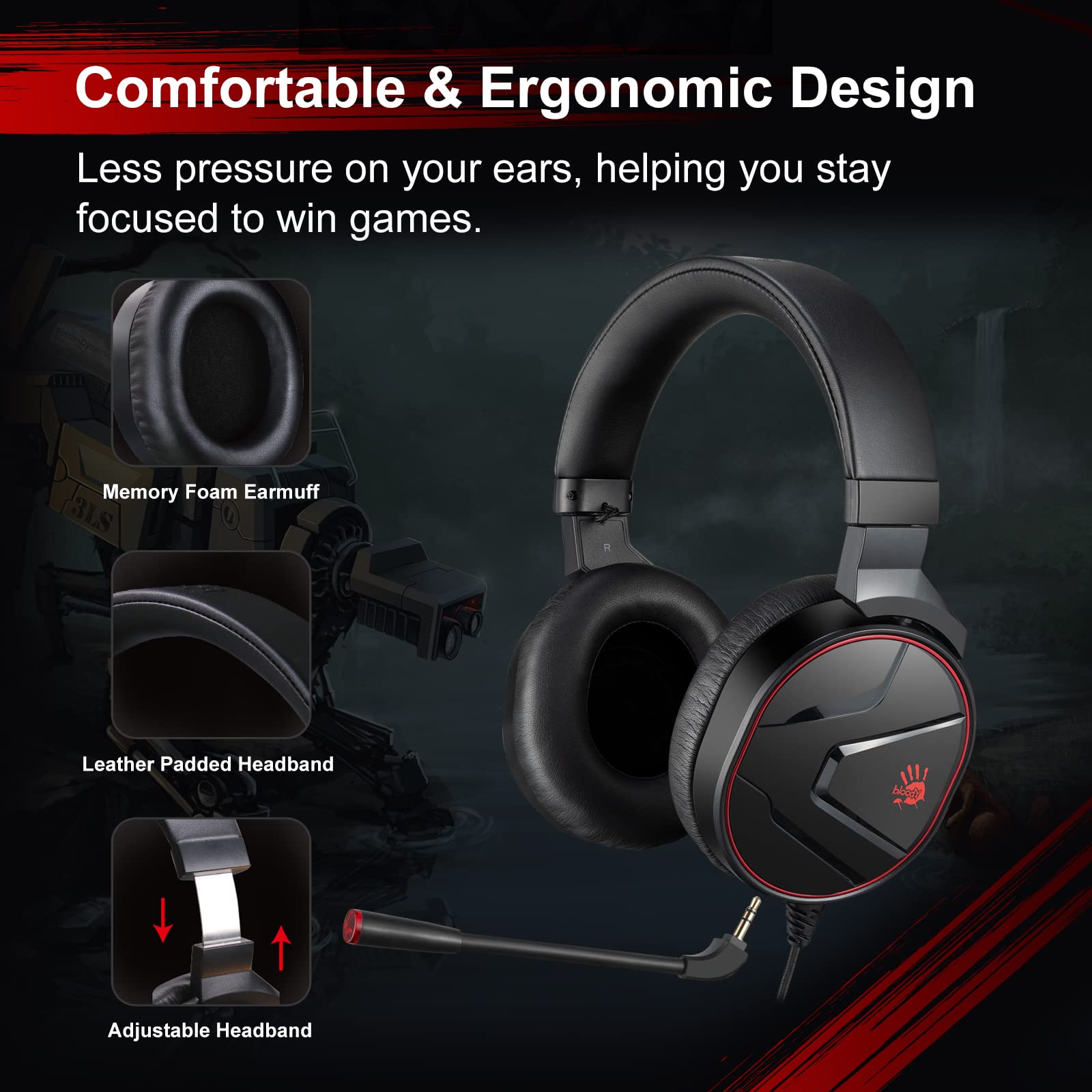 Bloody G600i Wired Gaming Headset with Microphone - 7.1 Virtual Surround Sound, Detachable Noise Canceling Mic, Memory Foam Earpads - Over-Ear Headphones for Xbox, PS4/5, Nintendo Switch, PC (Black) - Perfect for Competitive Gaming, Streaming & Online Chat