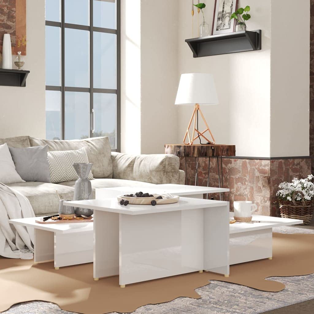 2-Tier Modern Minimalist Coffee Table Set - High Gloss White Wooden Side Tables for Living Room & Office - Perfect as Sofa End Tables or Tea Tables for Small Spaces