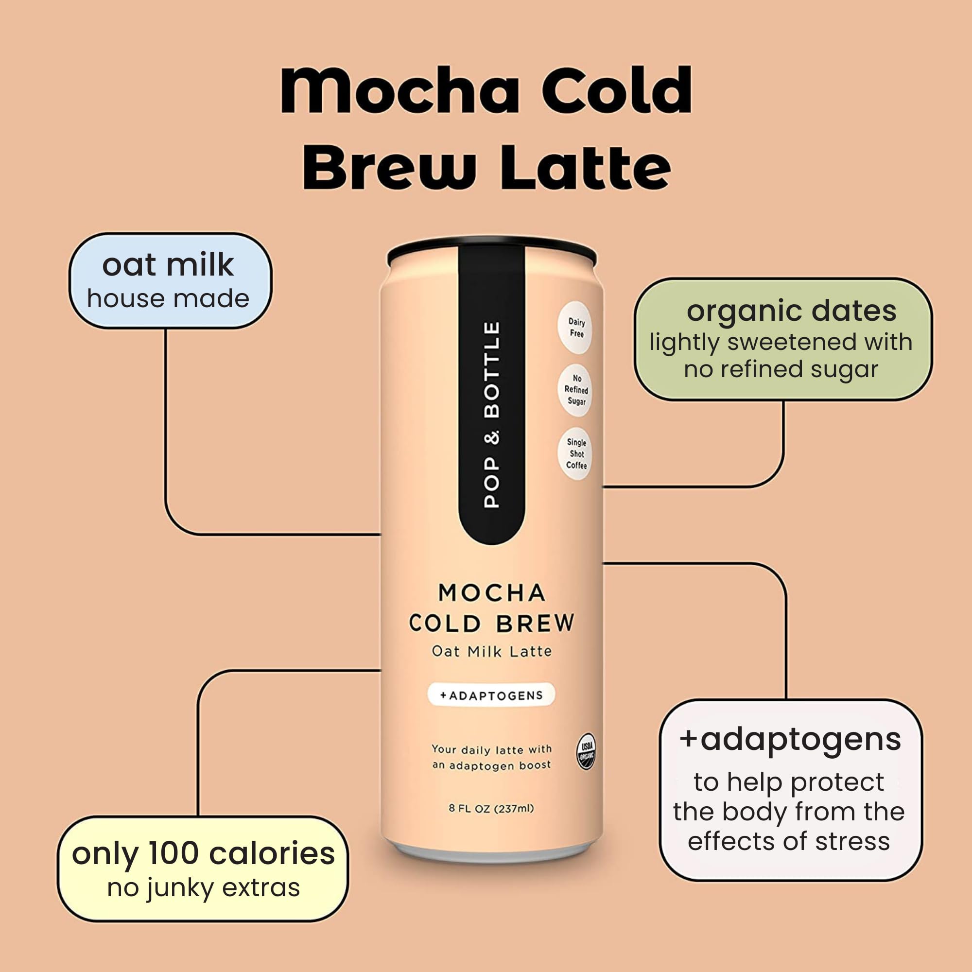 Organic Oat Milk Lattes with Adaptogens - Mocha Flavor | 8 Fl Oz (Pack of 24) | Maca, Ashwagandha, MCT Oil, Cold Brew Coffee | Dairy-Free, Gluten-Free, Lightly Sweetened with Dates | Perfect for On-the-Go Breakfast, Office Snacks & Post-Workout Recovery