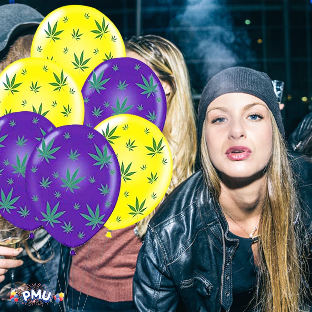 Premium 11-Inch Yellow & Purple Marijuana Balloons with Green Leaf Print - Pack of 100 for 420 Parties, Cannabis Celebrations & Stoner Events