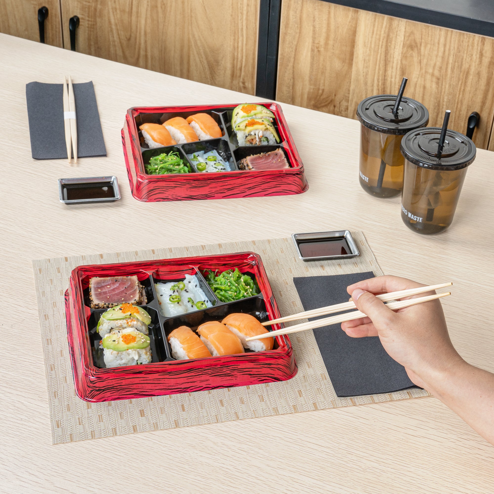 Bento Tek 18 oz Rectangle Red and Black Plastic Bento Box with 5 Compartments | 9.25