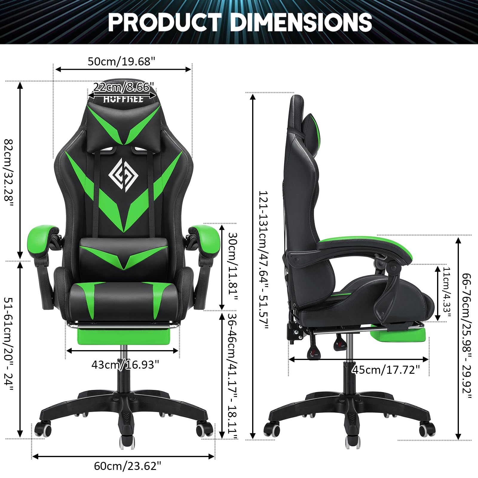 HOFREE Ergonomic Gaming Chair with Massage & LED Lights - High Back Reclining Computer Chair with Adjustable Lumbar Support & Footrest - Green & Black - Perfect for Esports, Streaming & Home Office Setup