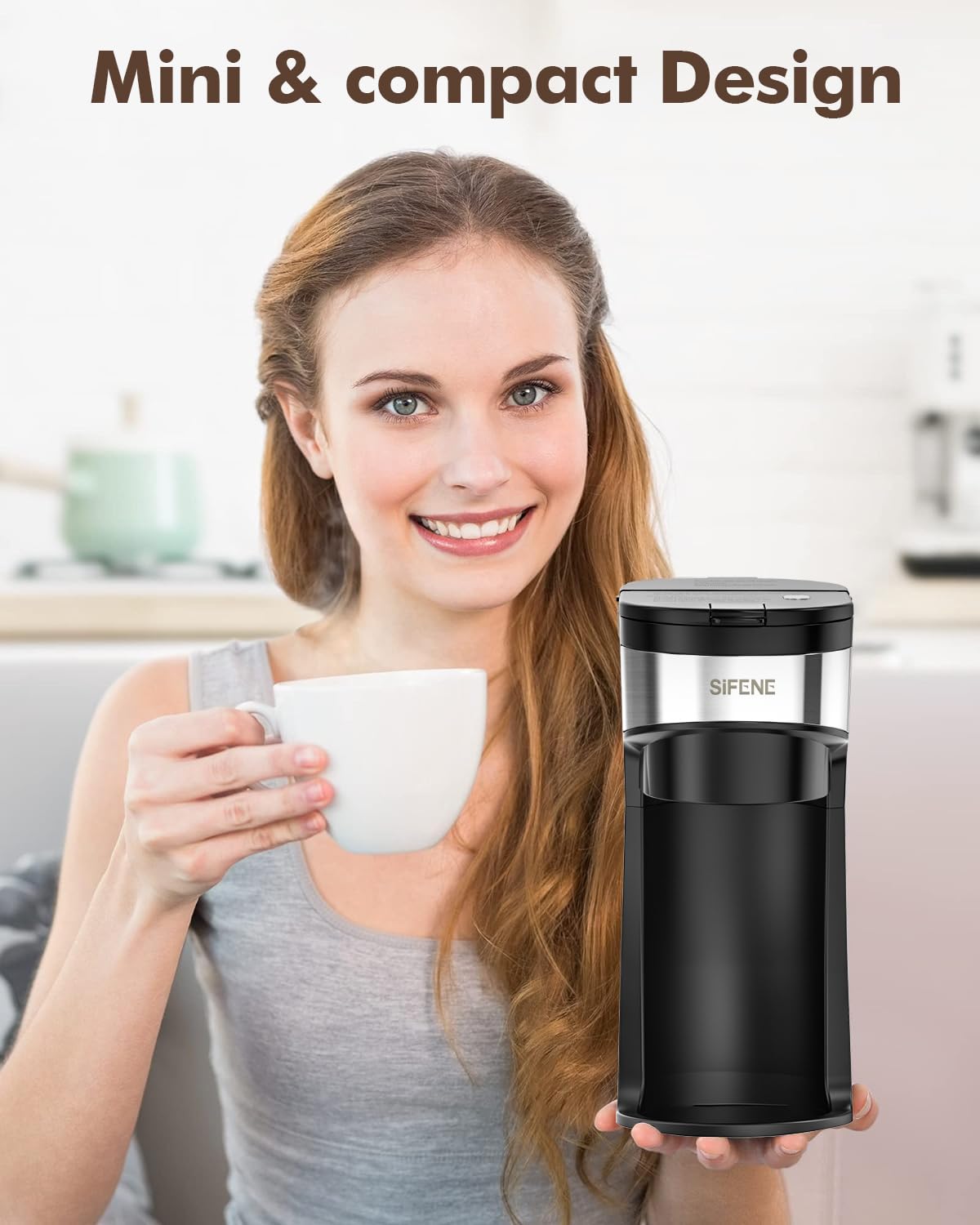 **SIFENE Mini Single Serve Coffee Maker for K-Cups & Ground Coffee - Compact Instant Brewer with Water Window & Descaling Reminder (Black) - Perfect for Home, Office, or Travel**