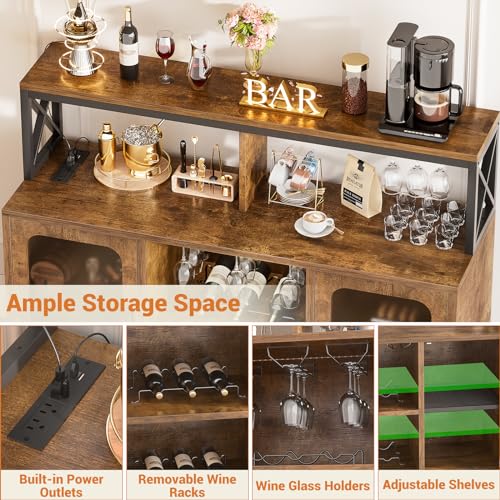 Aheaplus Rustic Brown Bar Cabinet with Power Outlets & LED Lights - Wine & Liquor Storage Cabinet with Glass Holder & Racks - Perfect for Home Bar, Coffee Station & Dining Room Buffet