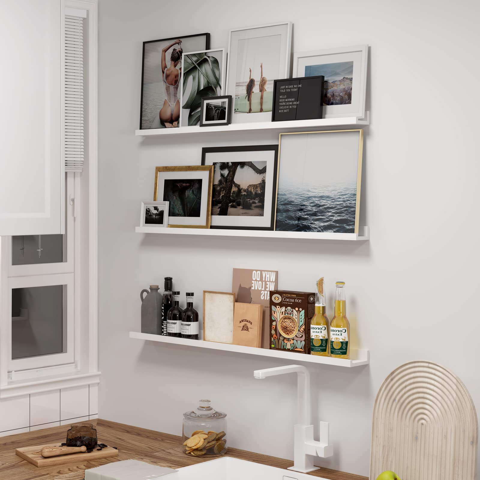 36 Inch Floating Shelves Set of 3 - White Wall Mounted Picture Ledge Shelf for Bedroom, Living Room, Bathroom, Kitchen & Nursery - Perfect for Displaying Photos, Books, Plants and Home Decor