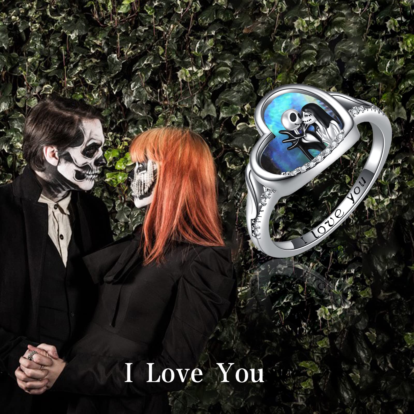 LILALO Sterling Silver Nightmare Before Christmas Rings - Jack and Sally Skull Jewelry with Abalone Shell for Halloween, Cosplay, and Gothic Fashion
