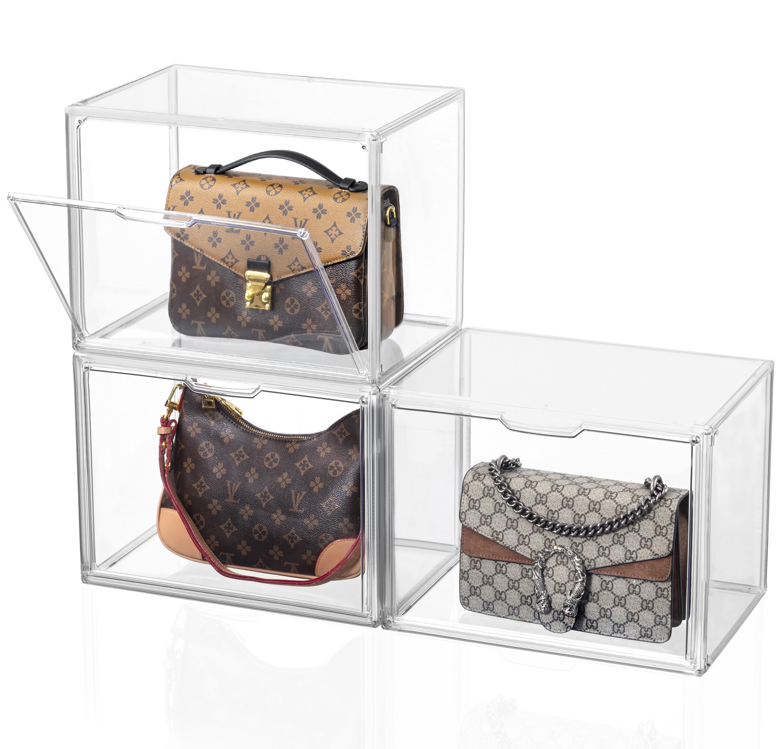 HBlife 3 Pack Clear Acrylic Handbag Storage Organizer with Magnetic Door - Stackable Closet Organizer for Purses, Wallets, Hats, Toys & Collectibles | Perfect for Bedroom, Closet & Display Cabinet Organization