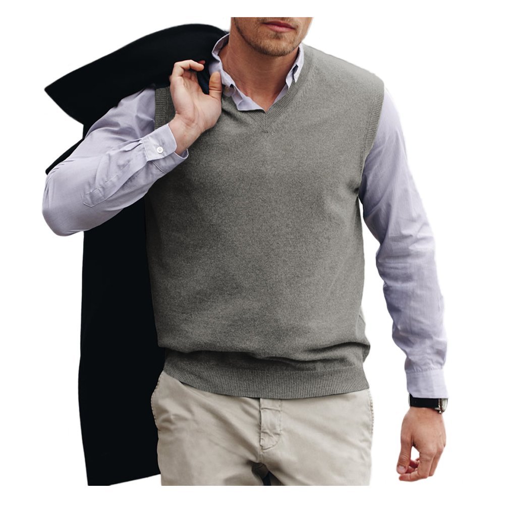 Parisbonbon Men's 100% Cashmere V-Neck Sweater Vest - Light Gray 3XS | Ultra Soft Winter Layering Piece for Office & Casual Outfits